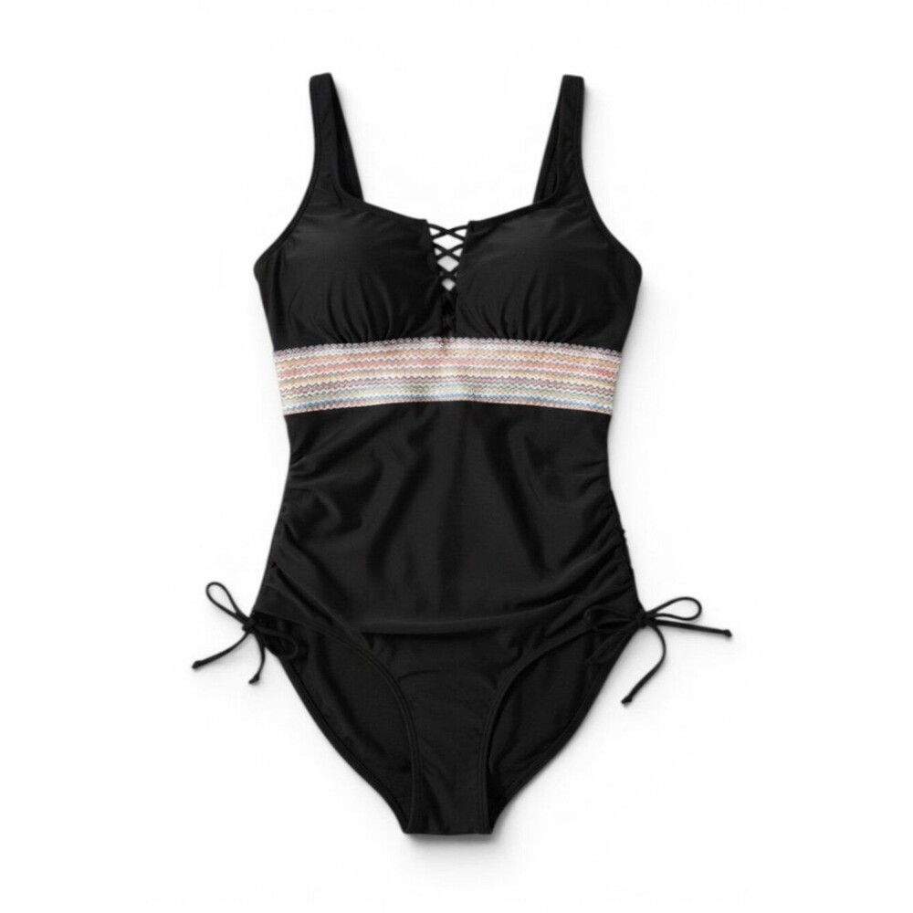 Black One-Piece Swimsuit with Multicolor Waistband